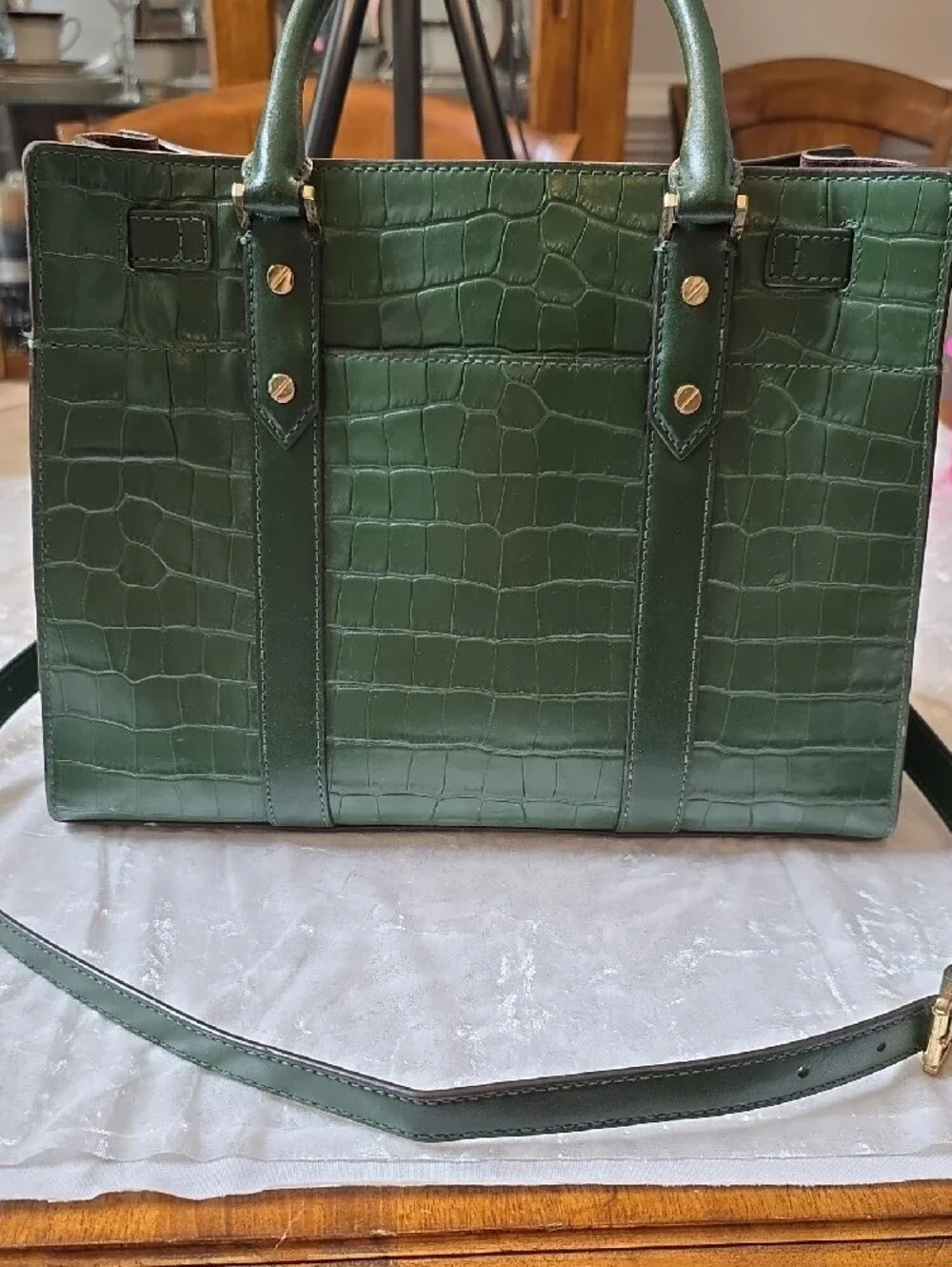 Michael Kors Nouveau Hamilton Dark Green Croc-Embossed Leather Satchel